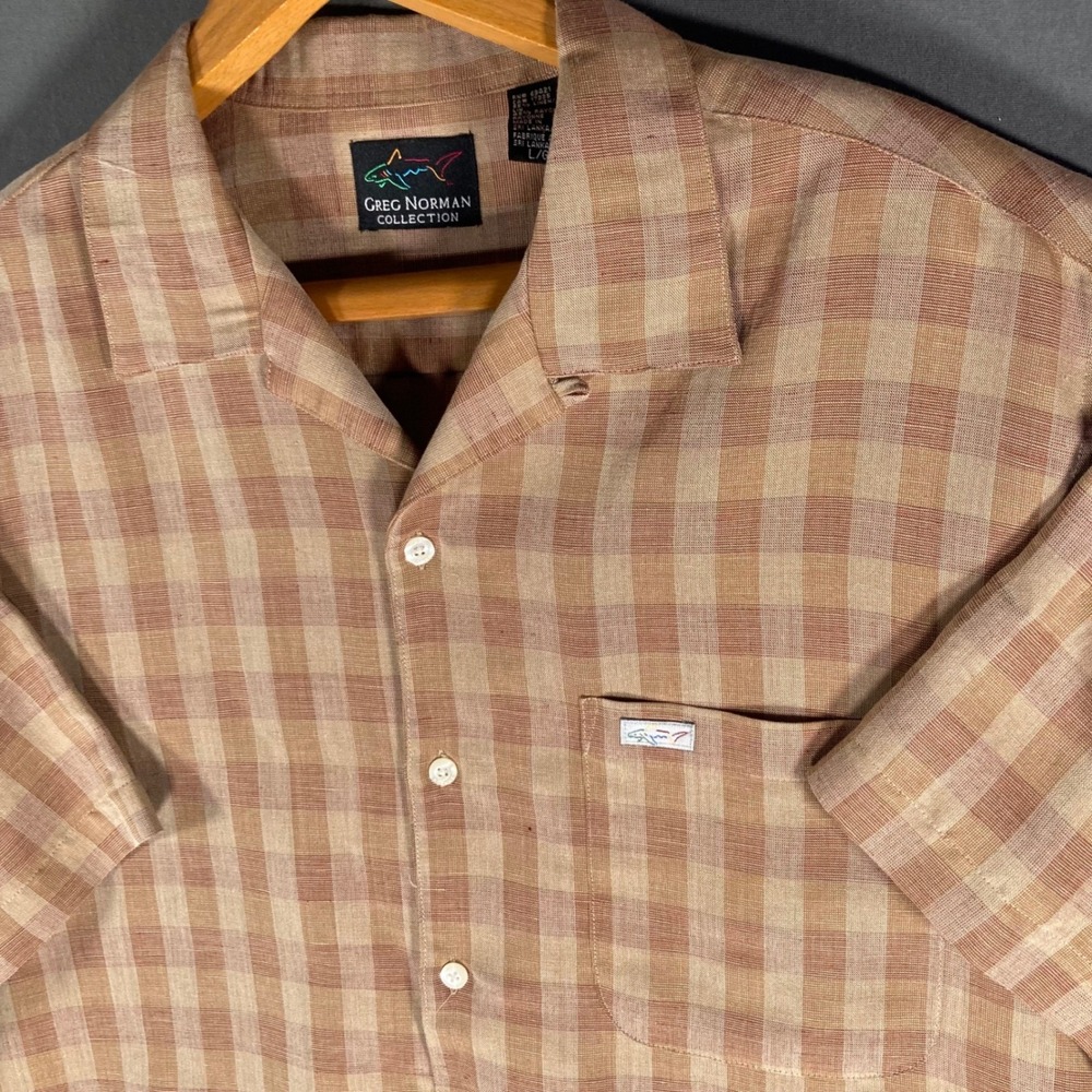Greg Norman Mens Linen Shirt Large Plaid Short Sleeve Golf Casual